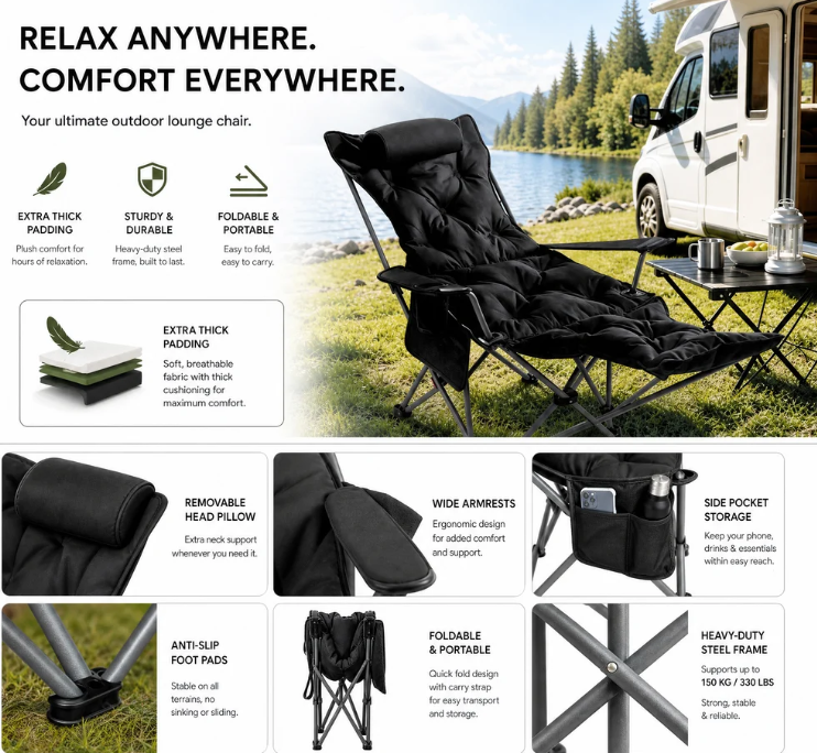 🌿Verstellbare Klappliege mit Beinstütze – Höchster Komfort für Garten & Camping! 🪑 Mehrstufig verstellbare Liegeposition, stabiler Stahlrahmen, sekundenschnell zusammenklappbar 🏕️🌿