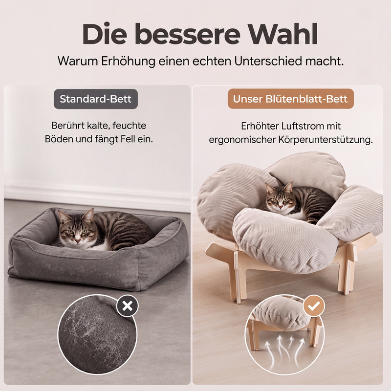 🌸 Mehr Komfort für deinen Vierbeiner! 🐱Erhöhtes Blüten-Haustierbett aus Holz – weich, atmungsaktiv & gelenkunterstützend! 🐾 Robuster Holzständer, kuscheliger Cordbezug, stilvoll für jedes Zuhause 🏡