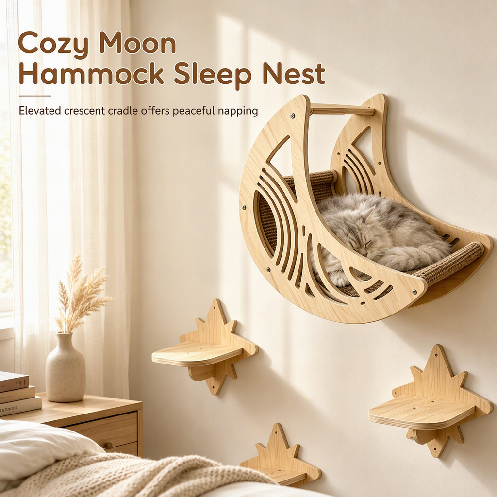 🐾 50 % Rabatt! 🐱 Wand-Klettergerüst aus Holz für Katzen – Hängematte, Katzennest & 3 Sprungstufen Platzsparend, stabil und wohnlich 🏠 Limitiertes Angebot ⏳
