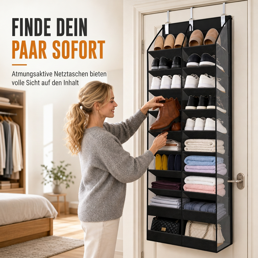 💥 50 % Rabatt! Tür-Organizer mit 20 Netztaschen – Platz für 20 Paar Schuhe, große Kapazität & platzsparende Aufbewahrung 👟🚪 Ohne Werkzeug aufhängbar, robustes Vliesgewebe, passt hinter Standardtüren