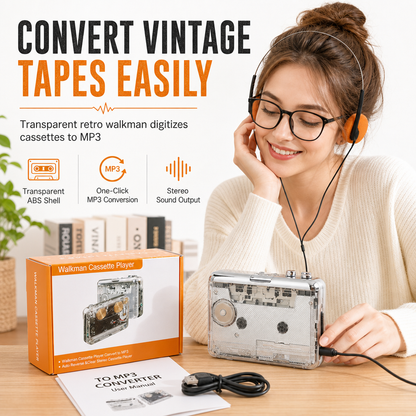 🎧 50 % Rabatt ! Kassetten-Walkman Transparent – Alte Bänder, neues Leben! 🎶 Kassette zu MP3 in 3 Schritten, durchsichtiges Gehäuse, Type-C Anschluss