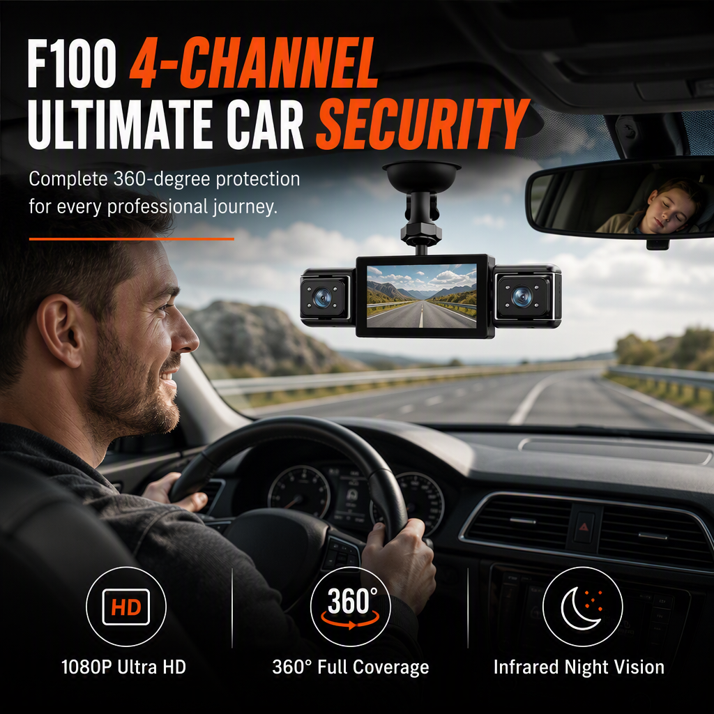 🚗 50% RABATT! 📹 F100 4-Linsen-Dashcam – 1080P HD, Nachtsicht & GPS ✨