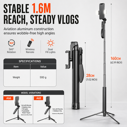 🤳 50 % Rabatt ! Selfie-Stick Stativ mit Gimbal – Kein Wackeln, kinoreife Videos! 🎬 Bis 1,6 m ausziehbar, Anti-Shake-Griff, Bluetooth-Fernauslöser
