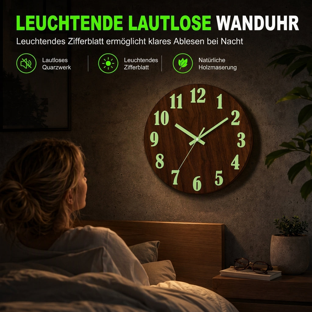 🔥 Zeitlich begrenztes Angebot 🕰️ 12 Zoll geräuschlose hölzerne Wanduhr – mit leuchtender Anzeige und MDF-Holzoptik ✨