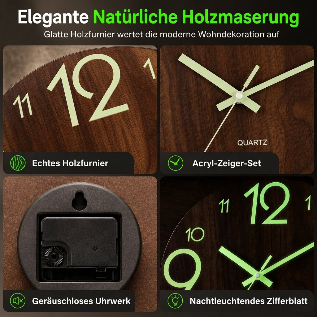 🔥 Zeitlich begrenztes Angebot 🕰️ 12 Zoll geräuschlose hölzerne Wanduhr – mit leuchtender Anzeige und MDF-Holzoptik ✨