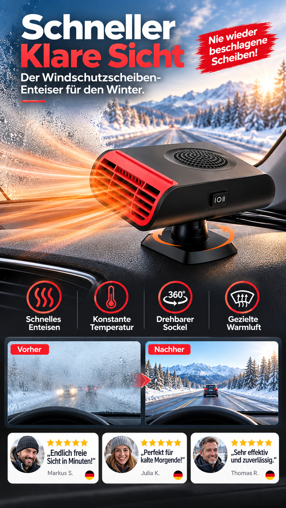 🚗 50 % Rabatt ! Auto-Heizlüfter & Scheiben-Defroster – Schluss mit Beschlag! ❄️ Gezielte Wärme, 360° drehbarer Fuß, 12V/24V 💨