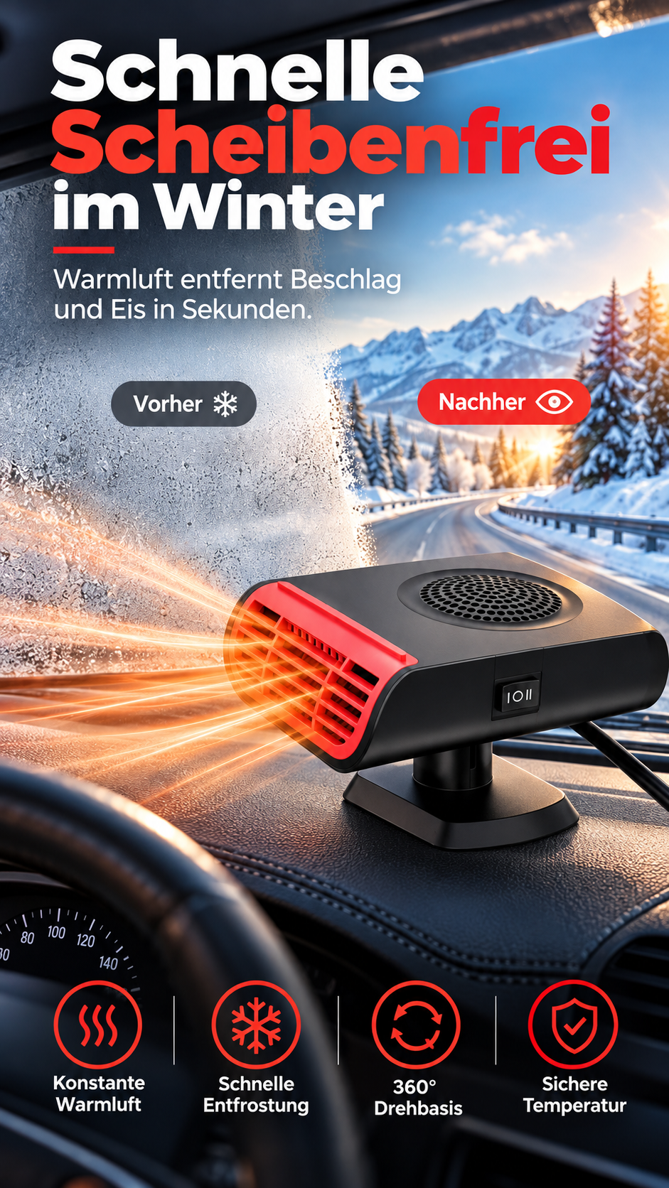 🚗 50 % Rabatt ! Auto-Heizlüfter & Scheiben-Defroster – Schluss mit Beschlag! ❄️ Gezielte Wärme, 360° drehbarer Fuß, 12V/24V 💨