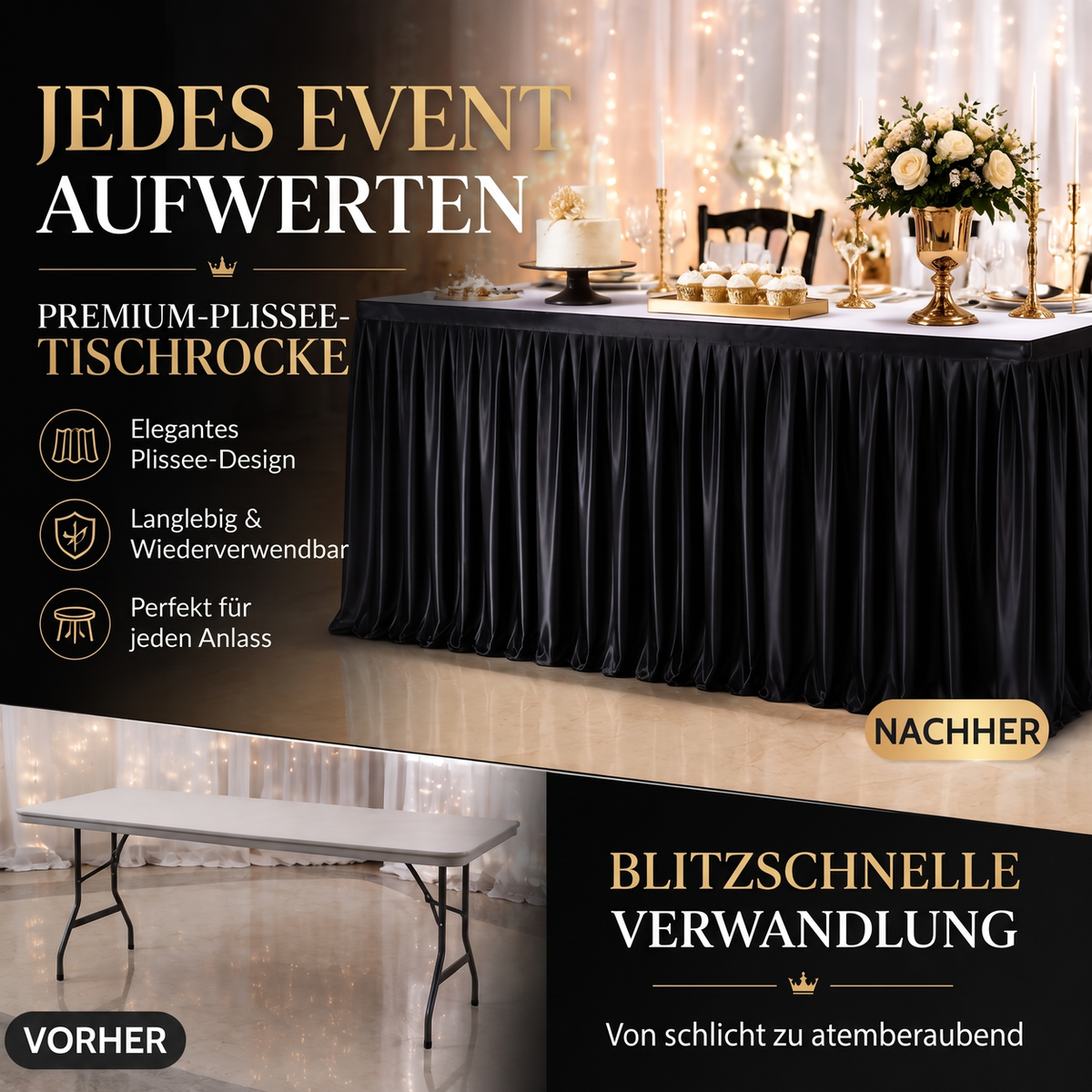 ✨ 50 % Rabatt ! Eleganter Plissee-Tischrock – Verwandelt jeden Tisch im Nu! 🎀 Blitzschnell montiert, knitterarm, verdeckt Stauraum