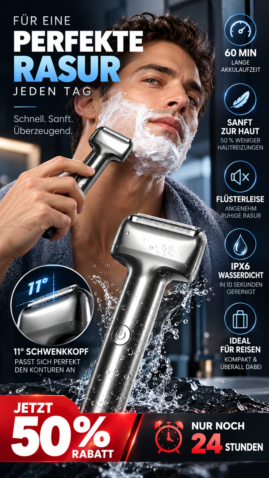💥 50 % Rabatt ! Wiederaufladbarer Folien-Elektrorasierer für Herren – 60 Minuten Akkulaufzeit, IPX6 wasserfest, flüsterleiser Betrieb für empfindliche Haut-Gcom