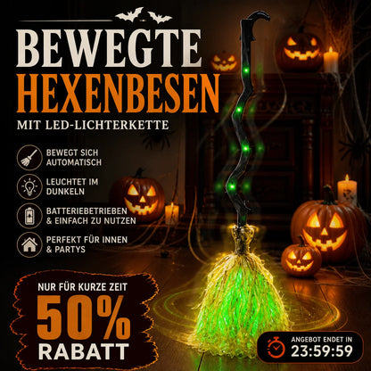 💥 50 % Rabatt ! Halloween Hexenbesen mit Lauflicht & Gruselgeräuschen – Kein Aufwand, voller Schrecken! 🧹 Überall aufstellbar, bewegt sich selbst, leuchtet grün ⚡ Limitiertes Angebot ⏳