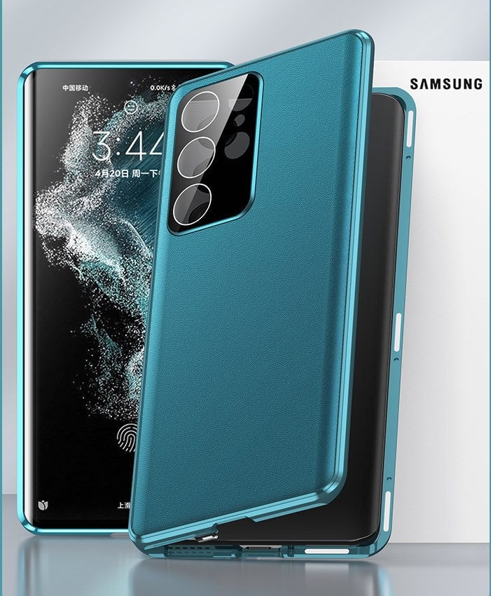 Leder + Glas Doppelseitige Magnetische Hülle für Samsung S23 Ultra
